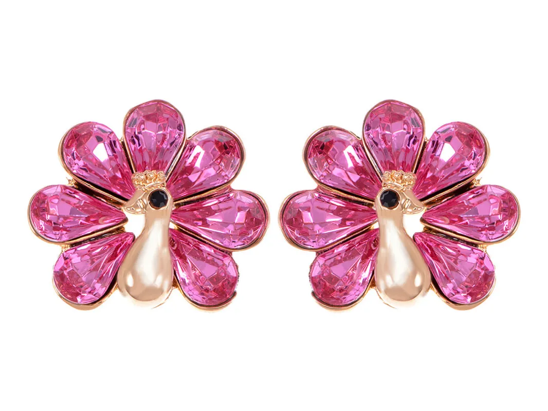Swarovski Crystal Hot Fuchsia Pink Teardrop Peacock Stud Post Earrings sold by Anna-Kaci