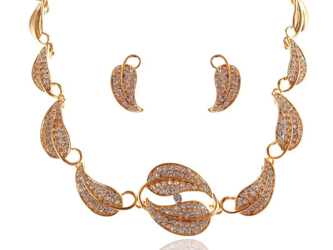 Swarovski Crystal Chain Leaves Autumn Necklace Earring Set sold by Anna-Kaci