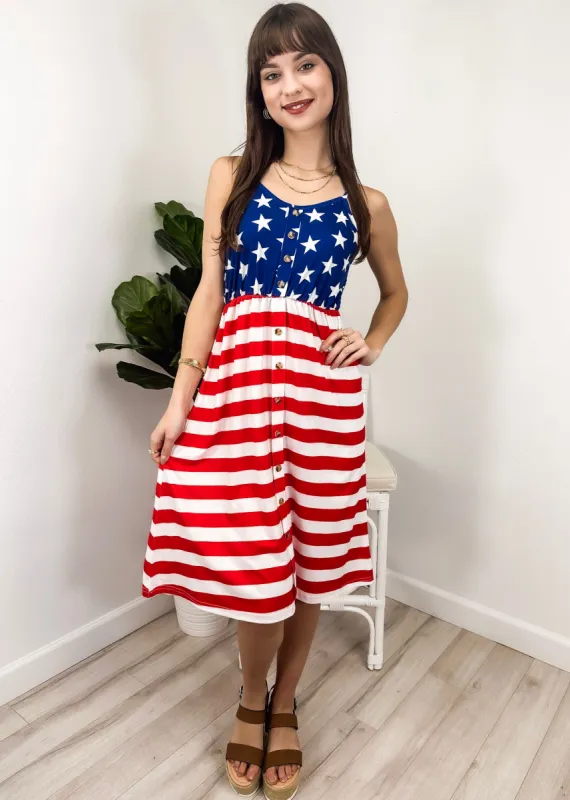 Independence Day Flag Dress With Suspenders And Buttons sold by Anna-Kaci