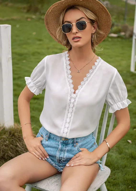 Lace Trim Puff Sleeve Blouse sold by Anna-Kaci