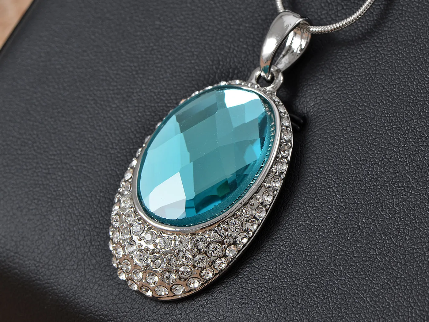 Swarovski Crystal Oval Shaped Turquoise Pendant Embedded Necklace sold by Anna-Kaci product image thumbnail 2