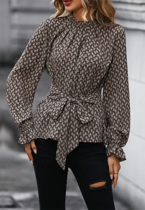 Geometric Print Tie Waist Blouse sold by Anna-Kaci
