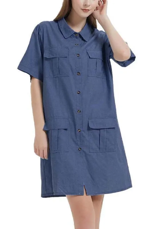 Short Sleeve Jean Shirt Dress Button Down sold by Anna-Kaci