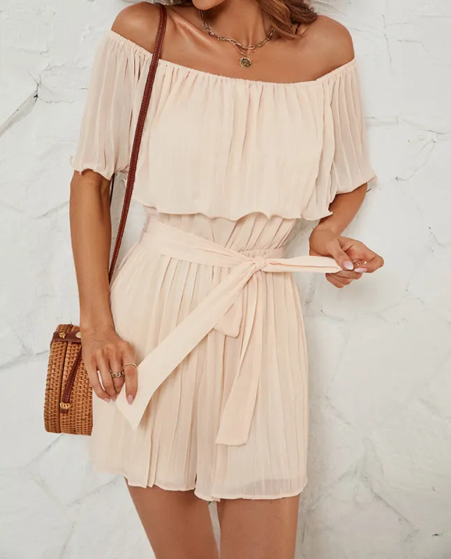 Solid Off-Shoulder Pleated Romper sold by Anna-Kaci