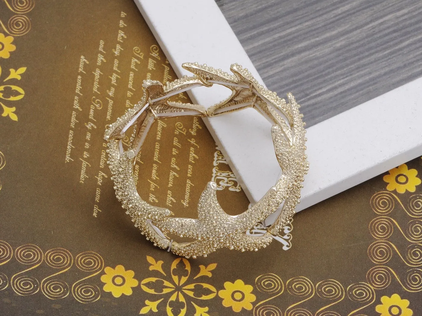 Gold Textured Starfish Stretch Bangle Cuff Statement Bracelet sold by Anna-Kaci product image thumbnail 2