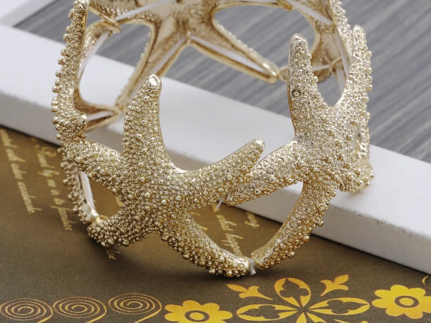 Gold Textured Starfish Stretch Bangle Cuff Statement Bracelet sold by Anna-Kaci product image thumbnail 4