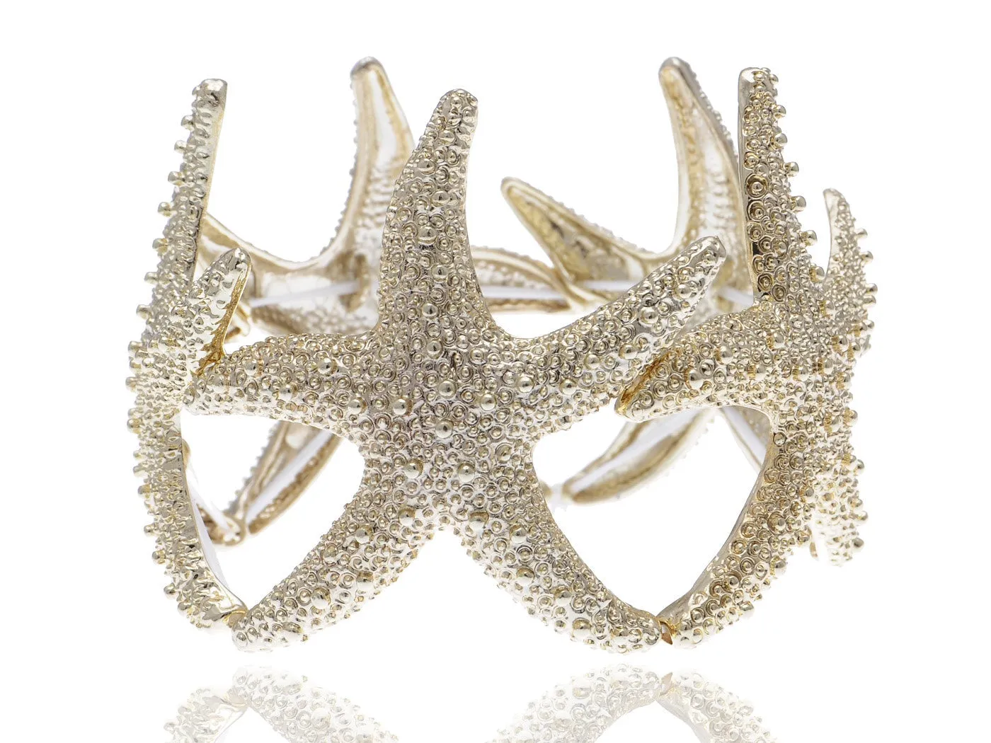 Gold Textured Starfish Stretch Bangle Cuff Statement Bracelet sold by Anna-Kaci