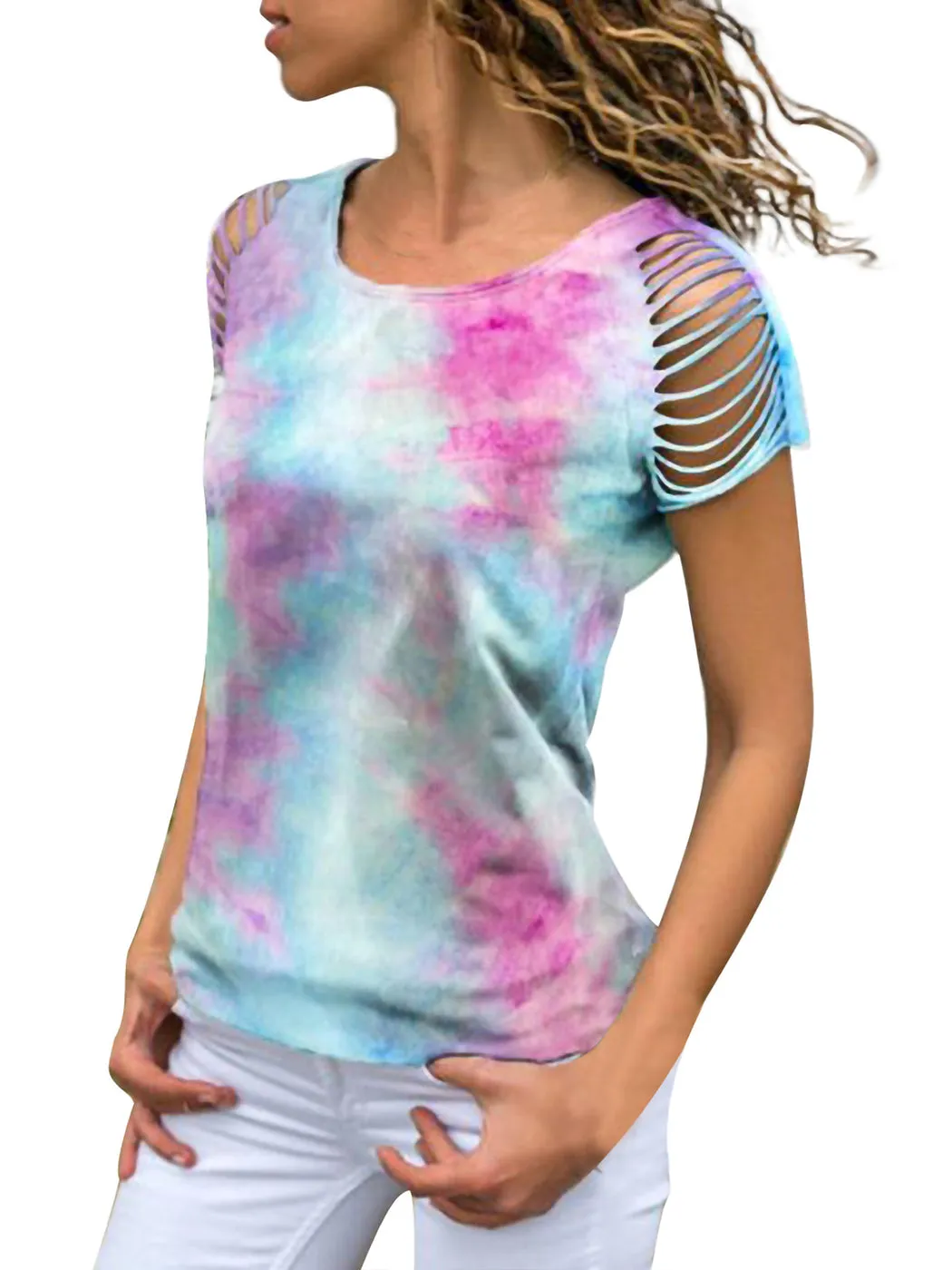 Tie Dye Printed Ripped Short Sleeve Loose Top sold by Anna-Kaci