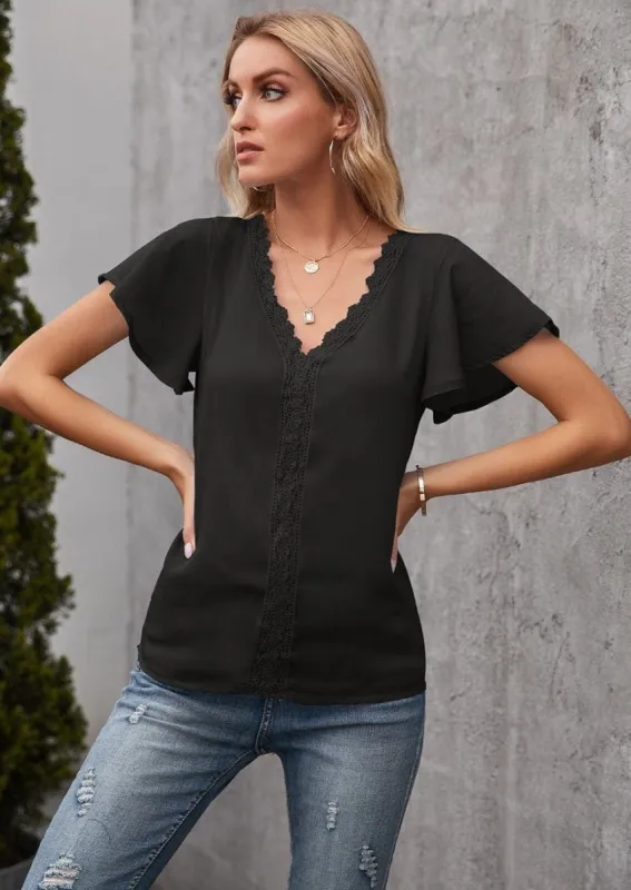 Lace Trim Solid Color Blouse sold by Anna-Kaci