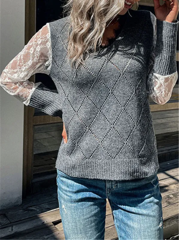 Argyle Knit Lace Sleeve Sweater sold by Anna-Kaci