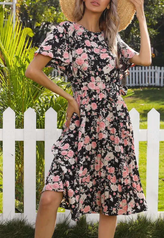 Round Neck Floral Pleated Dress sold by Anna-Kaci