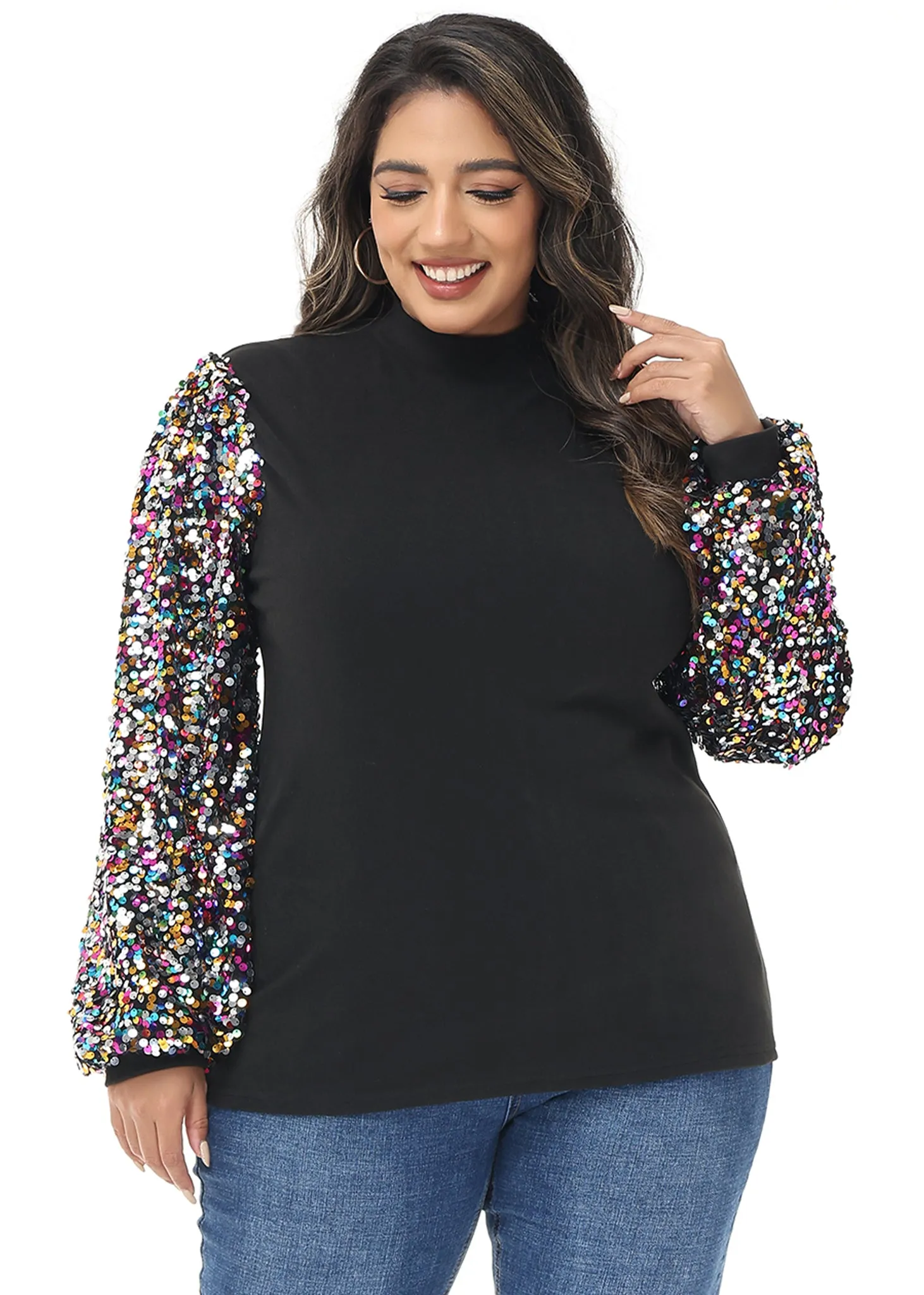 Anna-Kaci Women's Plus Size Sparkle Sequin Sweatshirt Mock Neck Pullover Long Sleeve Glitter Party Tops sold by Anna-Kaci product image thumbnail 2
