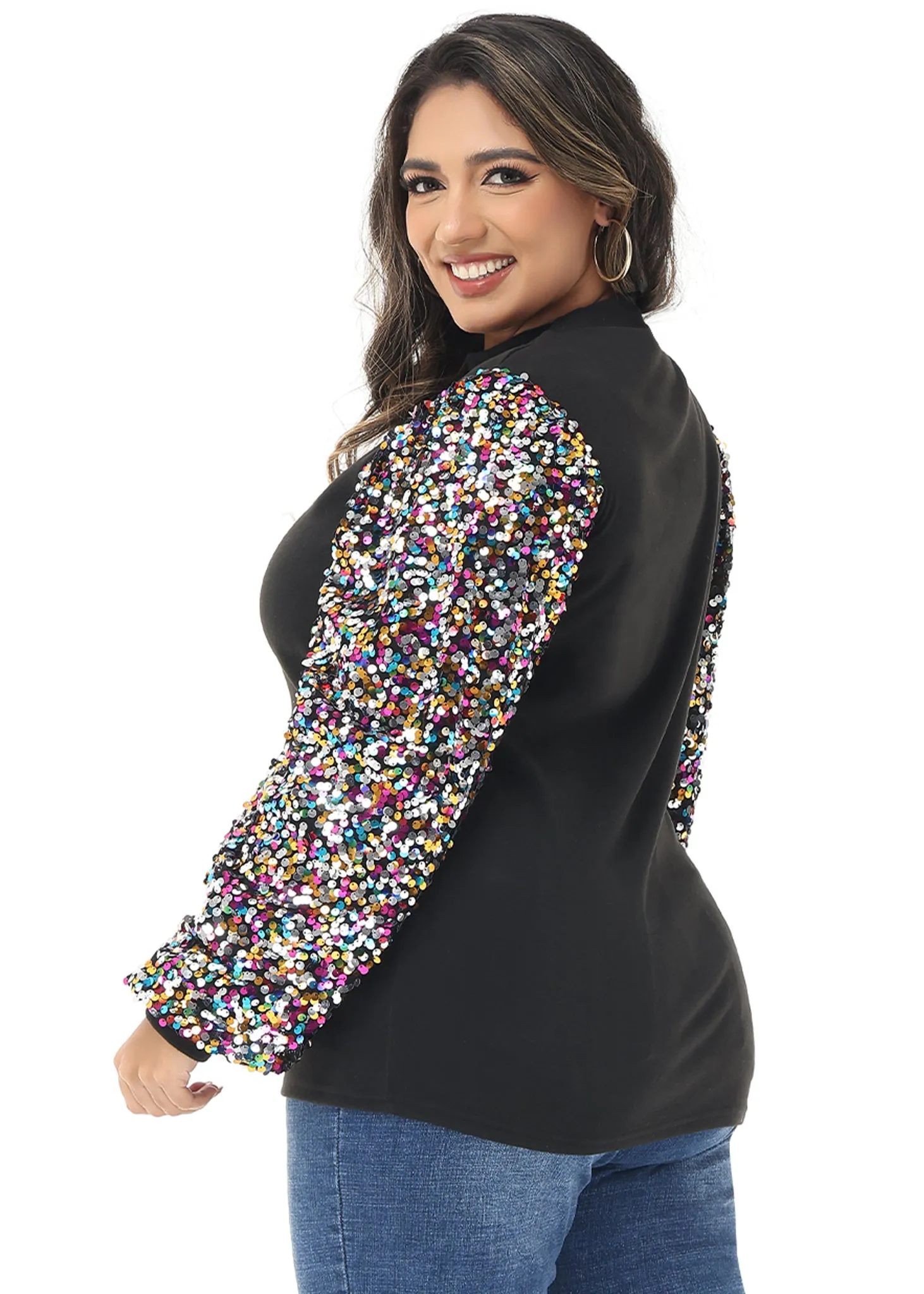 Anna-Kaci Women's Plus Size Sparkle Sequin Sweatshirt Mock Neck Pullover Long Sleeve Glitter Party Tops sold by Anna-Kaci product image thumbnail 4