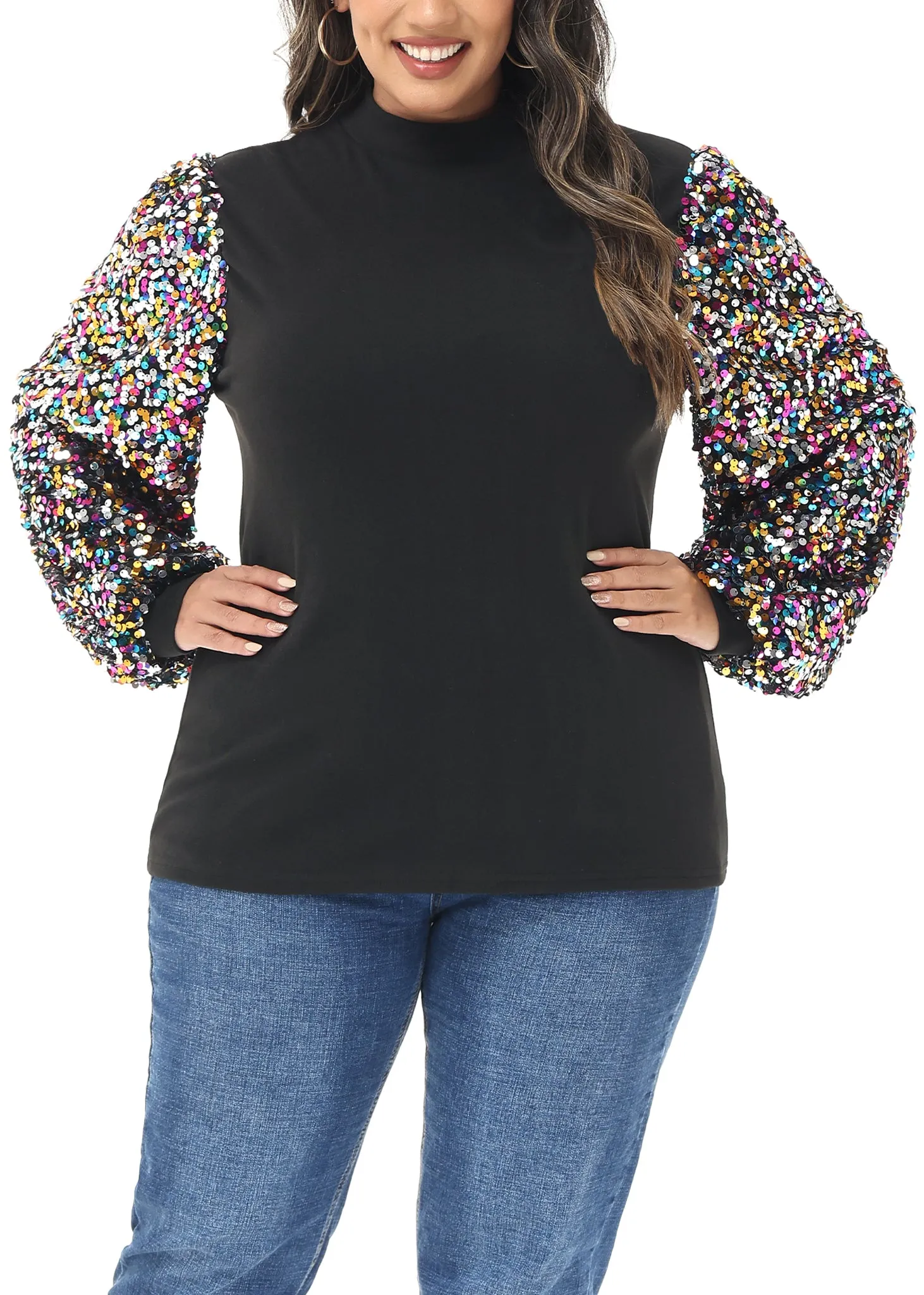 Anna-Kaci Women's Plus Size Sparkle Sequin Sweatshirt Mock Neck Pullover Long Sleeve Glitter Party Tops sold by Anna-Kaci