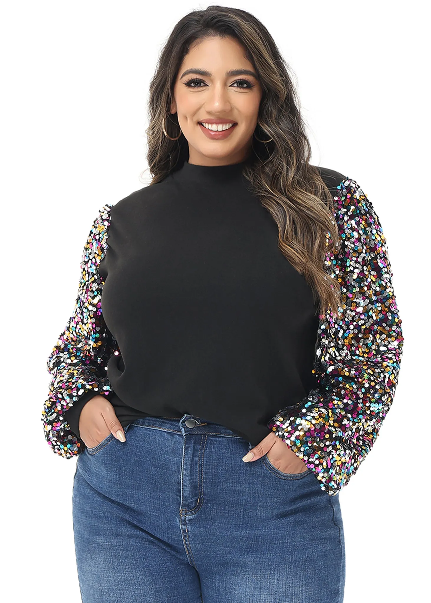 Anna-Kaci Women's Plus Size Sparkle Sequin Sweatshirt Mock Neck Pullover Long Sleeve Glitter Party Tops sold by Anna-Kaci product image thumbnail 3
