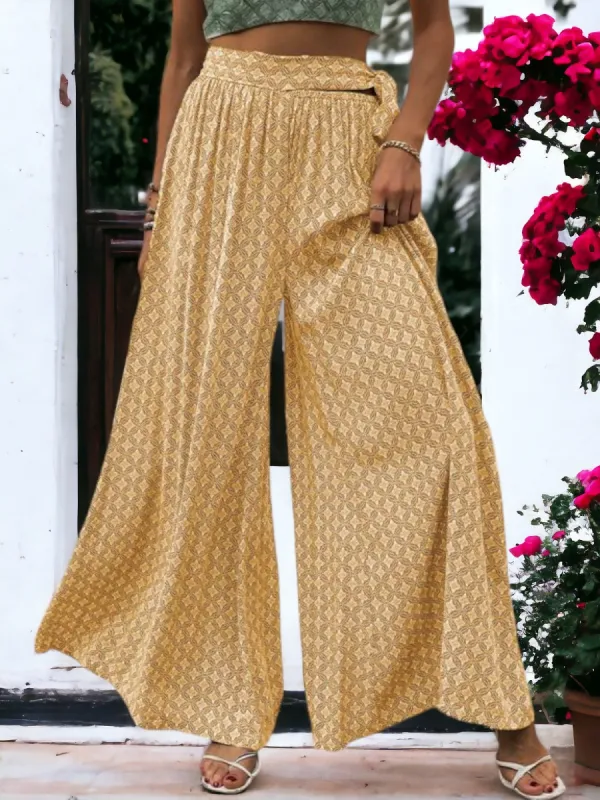 Printed Wide Legged  Waist Tied Pants sold by Anna-Kaci