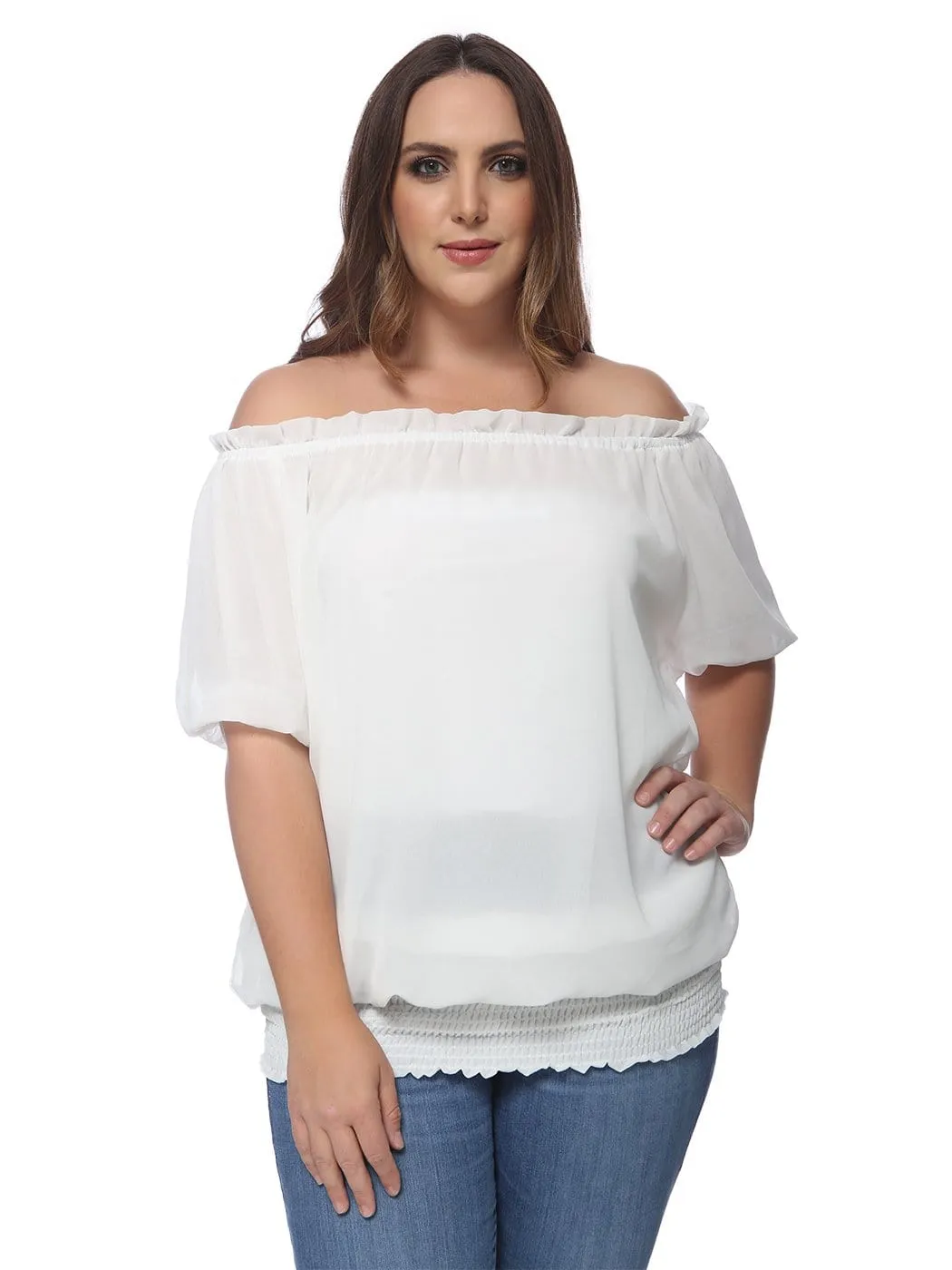 Plus Size Off Shoulder Smocked Waist Blouse sold by Anna-Kaci