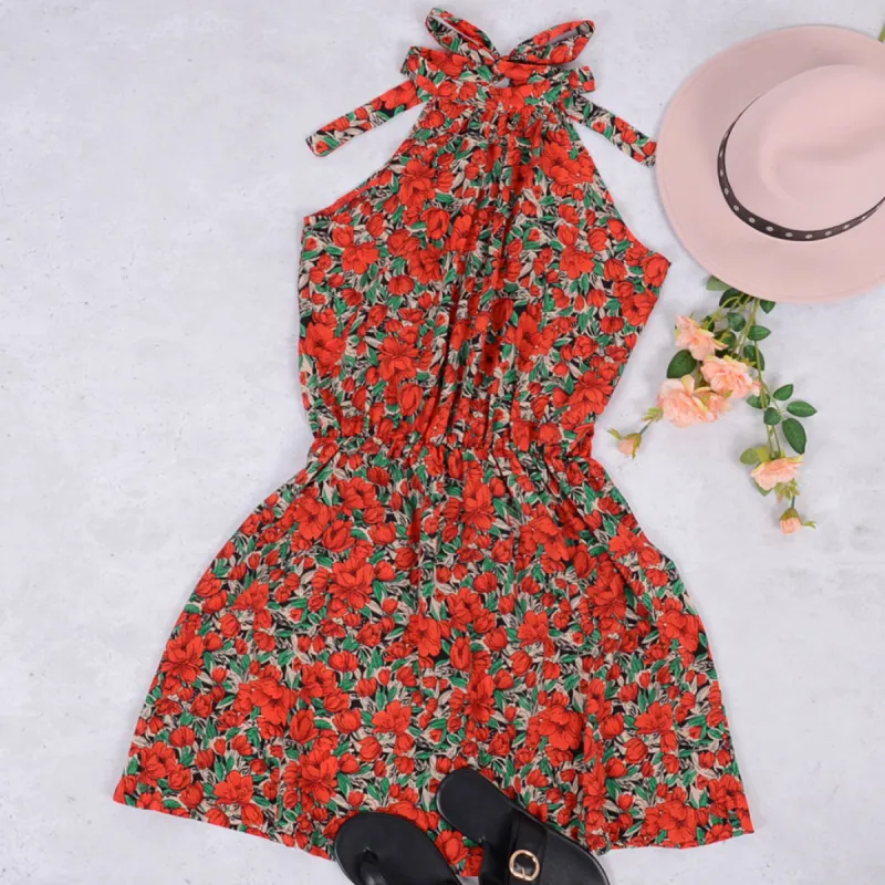 Halter Neck Tie Back Boho Floral Print Sleeveless Elastic Waist Mini Dress sold by Anna-Kaci