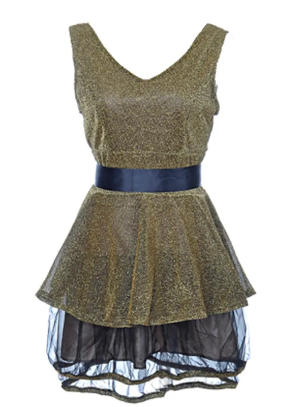 Womens Gold Glitter Tulle Flared Waist Tie V Neck Sleeveless Dress sold by Anna-Kaci