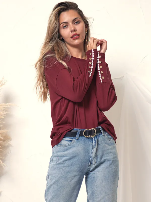 Button Trim Cuff Sweater sold by Anna-Kaci