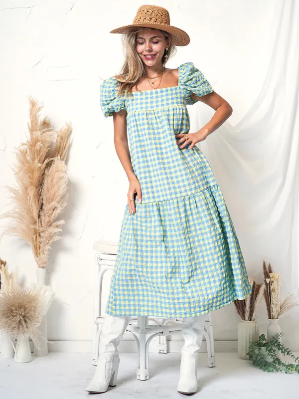 Green Plaid Print Puff Sleeve Maxi Dress sold by Anna-Kaci