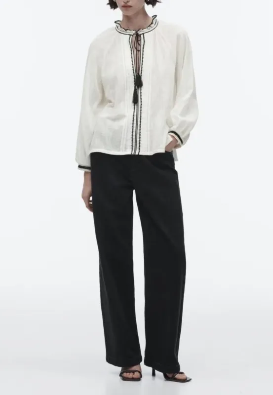 Ruffle Neck Contrast Trim Blouse sold by Anna-Kaci