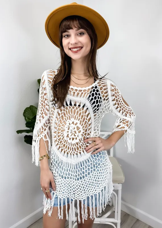 Anna-Kaci Women's White Crochet Cover Up Bathing Suit 3/4 Sleeve Tassel Dress Beach Wear made by Anna-Kaci