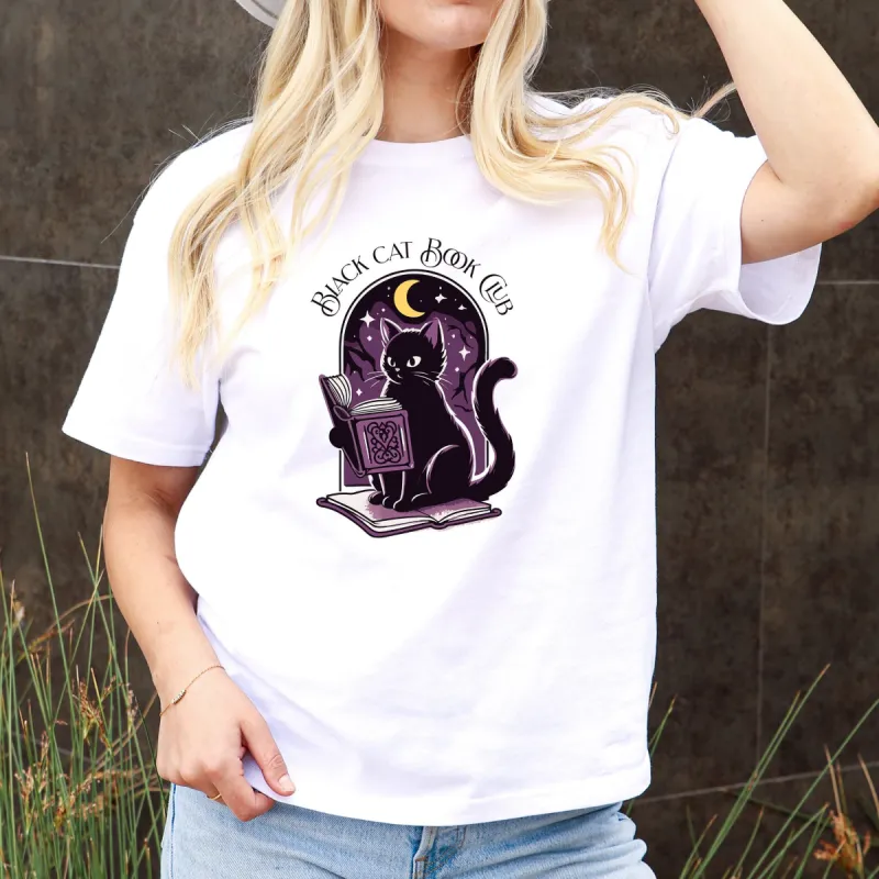 Black Cat Book Club Halloween T-Shirt - Whimsical Cat Reading, Night Sky, Purple & Black Tee, Cat Halloween, Vintage Halloween Tee, Retro sold by Anna-Kaci