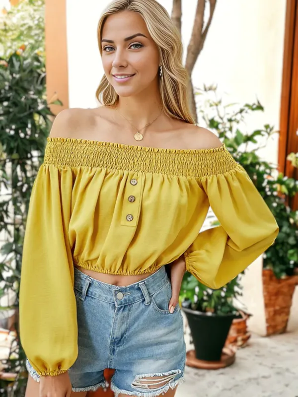 Shirred Off Shoulder Crop Top sold by Anna-Kaci