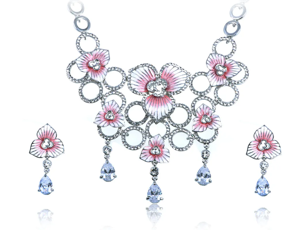 Swarovski Crystal Elements Bridal Pale Pink Flowers Orbs Necklace Earring Set sold by Anna-Kaci
