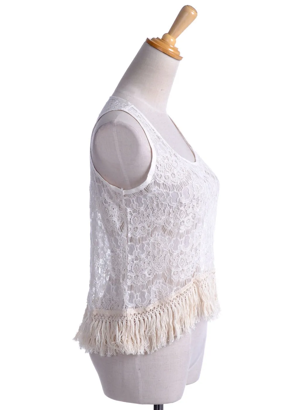 S/M Fit Beige Floral Knit Net Lace Soft Fringe Trim High Low Hem Top sold by Anna-Kaci product image thumbnail 3