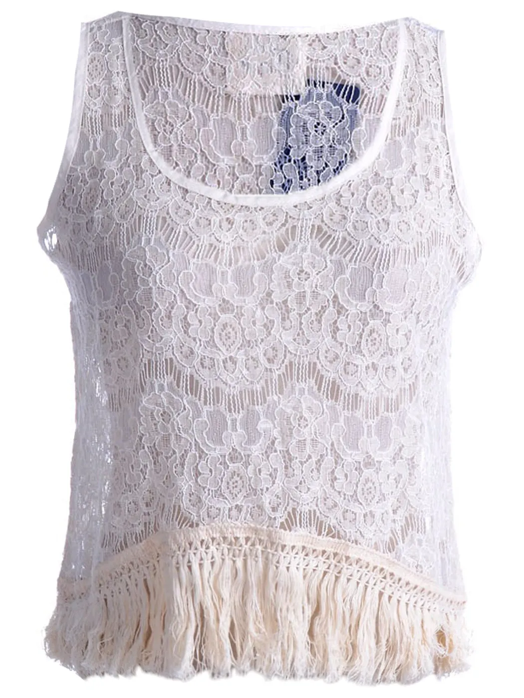 S/M Fit Beige Floral Knit Net Lace Soft Fringe Trim High Low Hem Top sold by Anna-Kaci