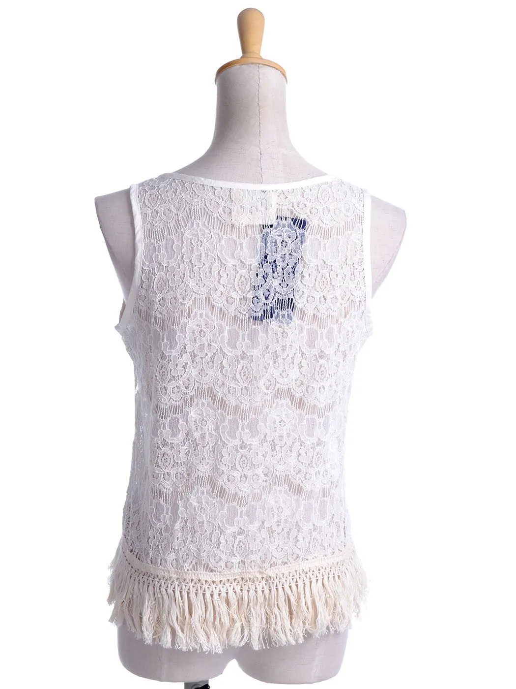 S/M Fit Beige Floral Knit Net Lace Soft Fringe Trim High Low Hem Top sold by Anna-Kaci product image thumbnail 2