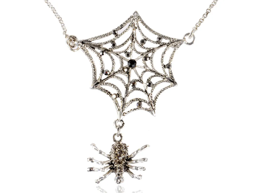 Grey Halloween Creepy Spider Web Pendant Necklace sold by Anna-Kaci