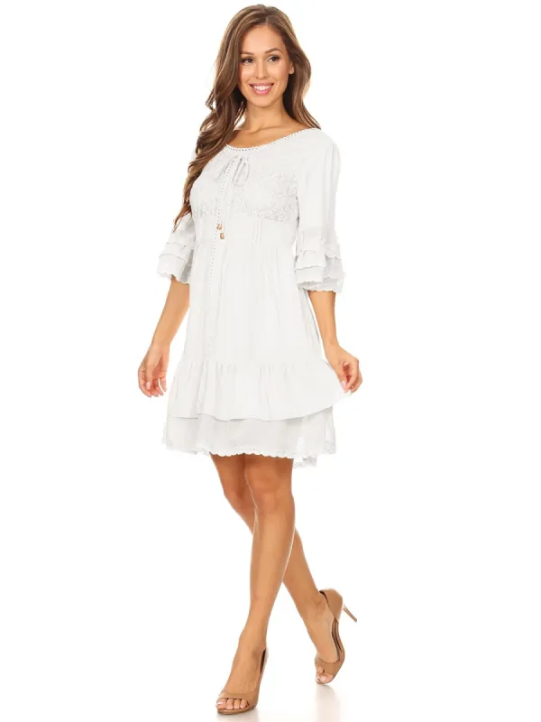 Boho Peasant Floral Lace Ruffle Hem Bell Sleeve Mini Dress sold by Anna-Kaci