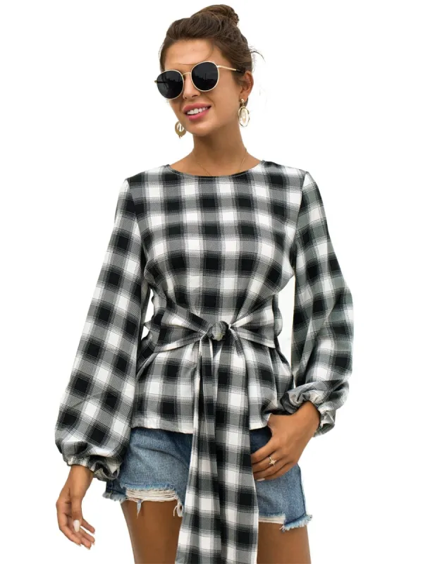 Tie Waist Plaid Blouse made by Anna-Kaci