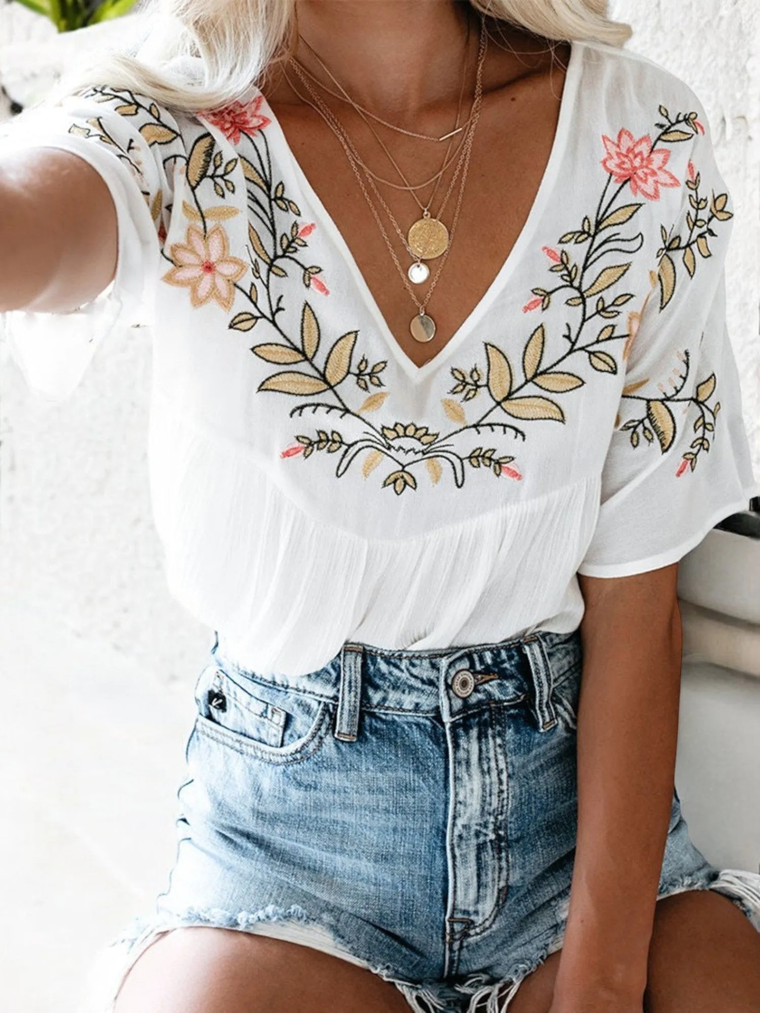 Anna-Kaci Women's Short Sleeve V-Neck Embroidered Floral Blouse sold by Anna-Kaci product image thumbnail 5