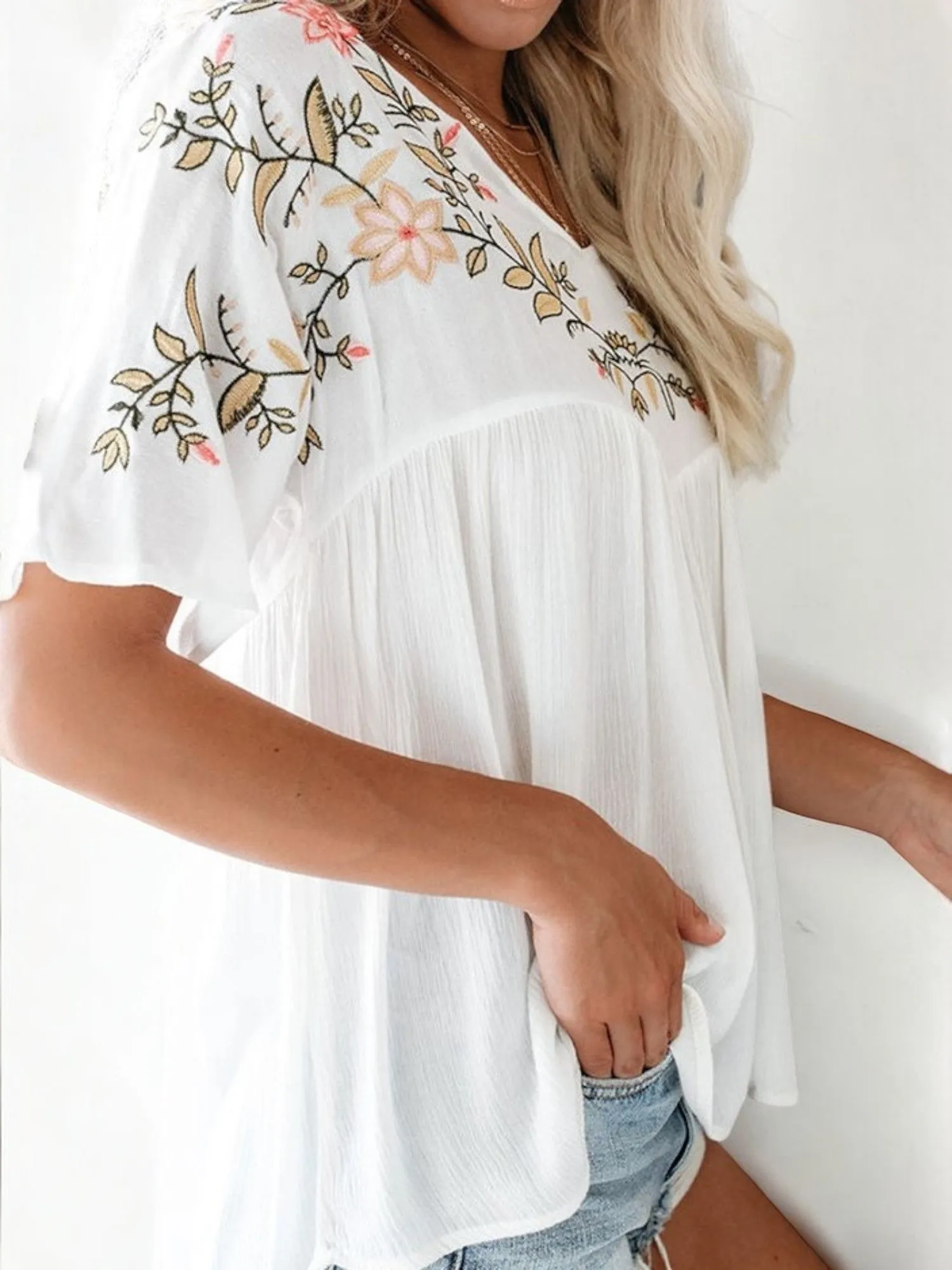 Anna-Kaci Women's Short Sleeve V-Neck Embroidered Floral Blouse sold by Anna-Kaci product image thumbnail 4