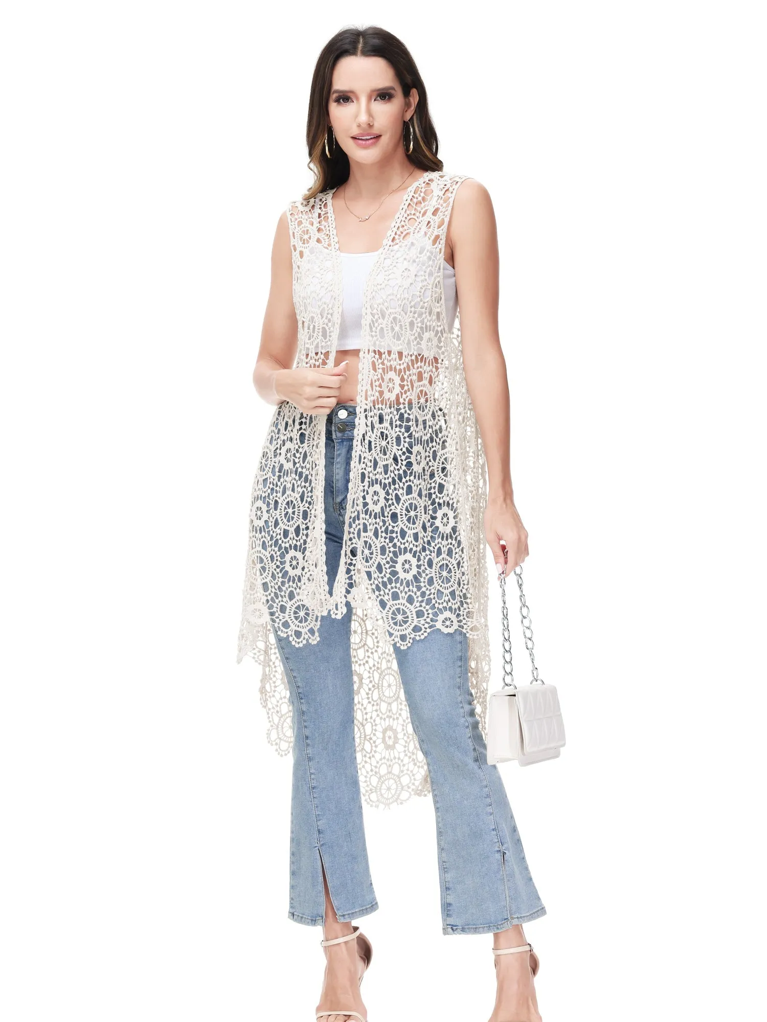 Anna-Kaci Boho Crochet Long Vest Top for Women Sleeveless Lace Cardigan Kimono Swimwear Cover Ups sold by Anna-Kaci product image thumbnail 4