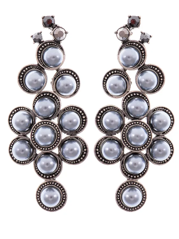 Swarovski Crystal Gun Grey Pearl Grape Cluster Flower Stem Dangle Earrings sold by Anna-Kaci