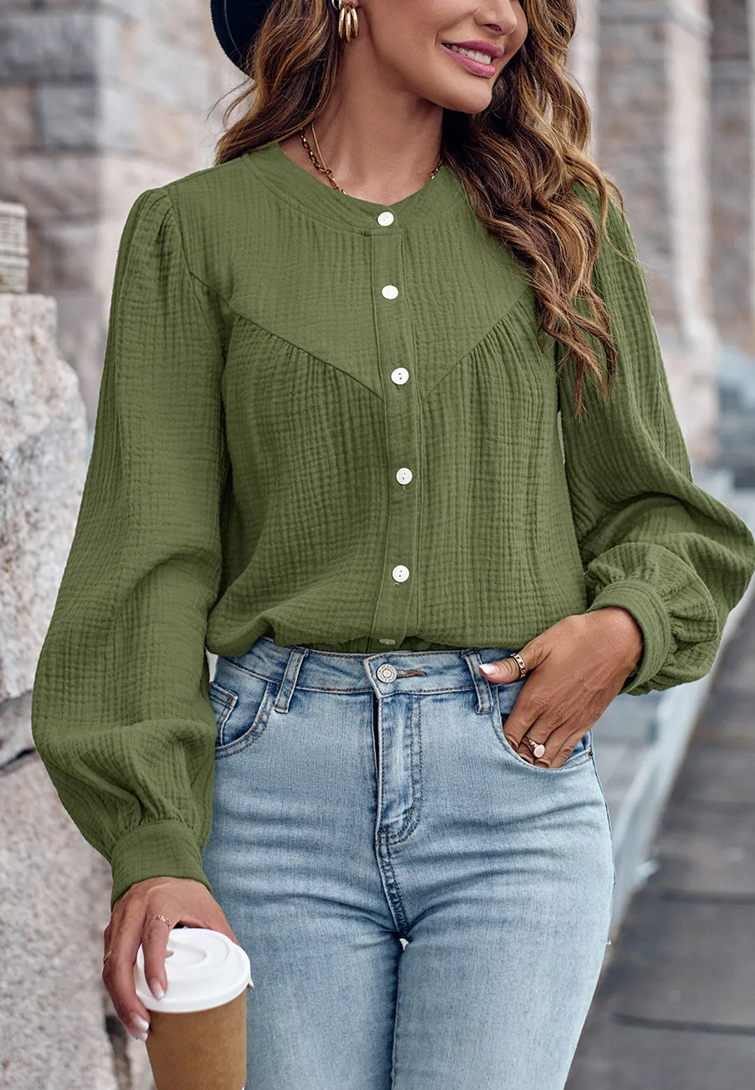 Round Neck Button Down Blouse sold by Anna-Kaci product image thumbnail 3