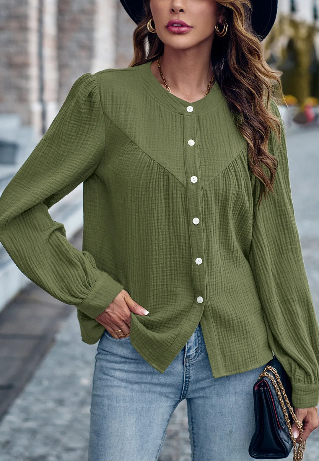 Round Neck Button Down Blouse sold by Anna-Kaci product image thumbnail 4