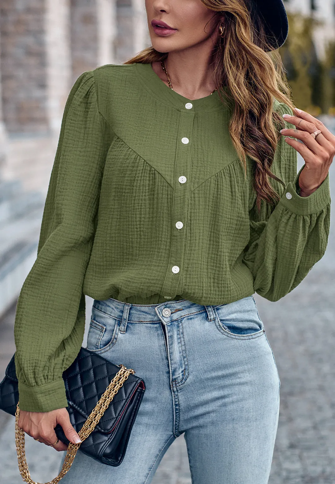 Round Neck Button Down Blouse sold by Anna-Kaci