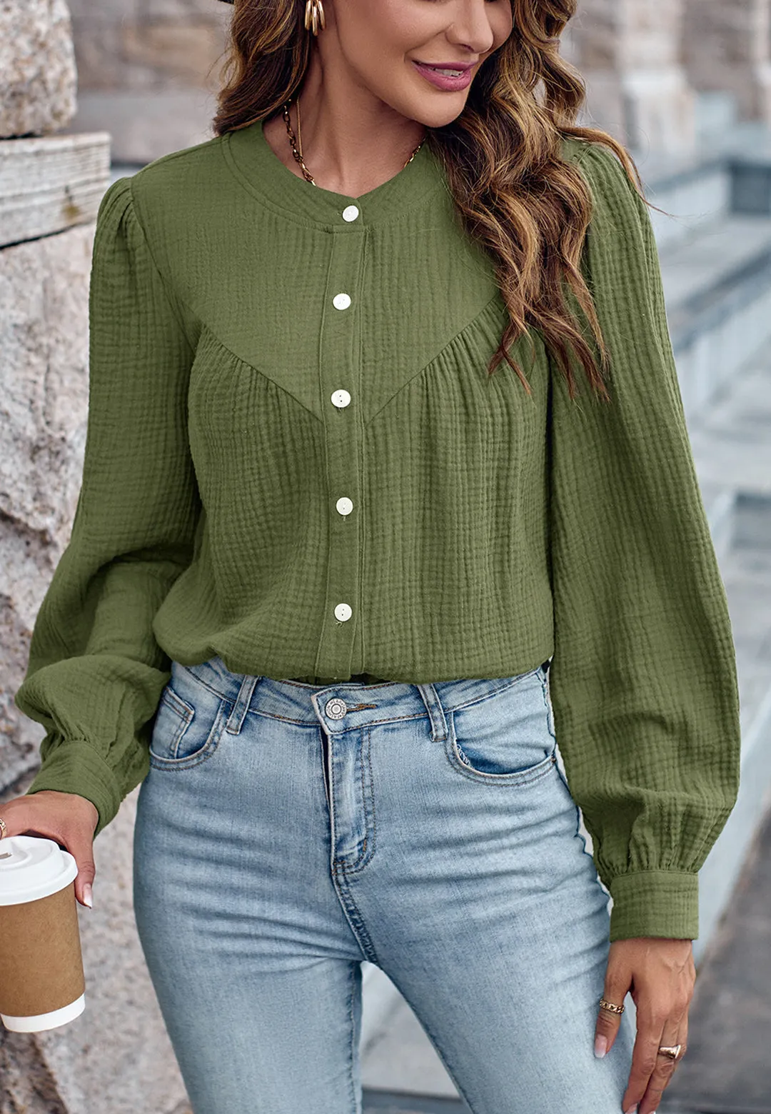 Round Neck Button Down Blouse sold by Anna-Kaci product image thumbnail 2