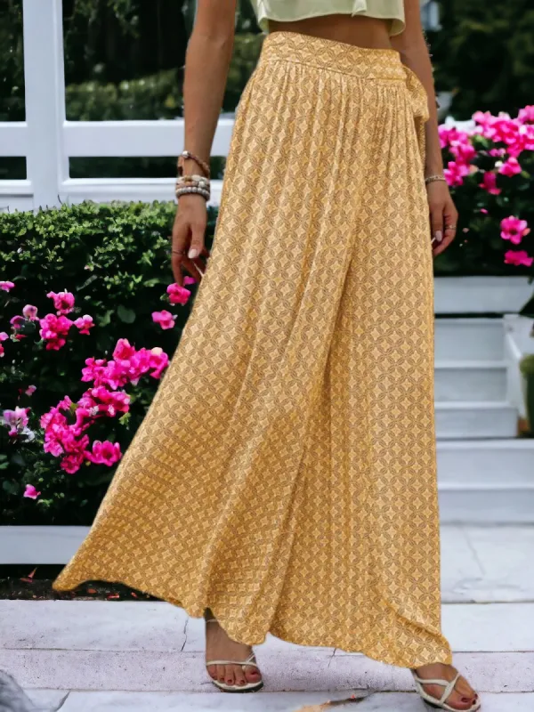 Printed High Waisted Wide Leg Breathable Loose Waist Wrap Pants sold by Anna-Kaci