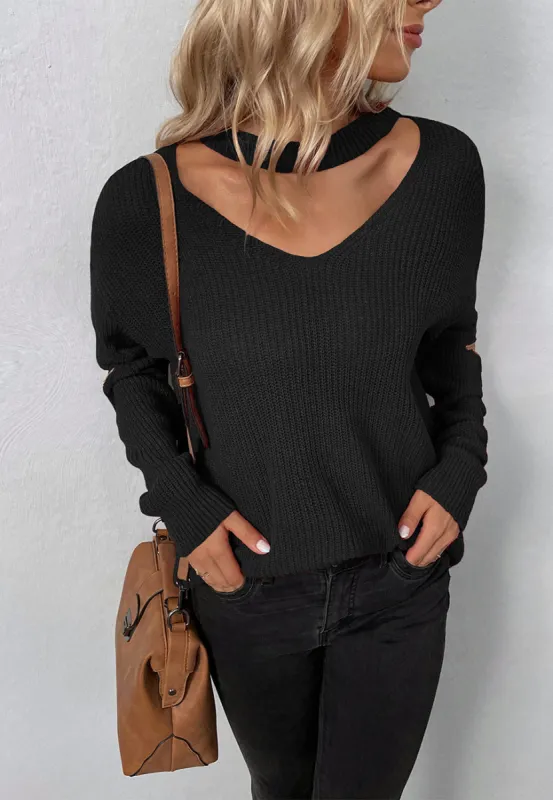 Knitted Choker Cutout Front Sweater sold by Anna-Kaci