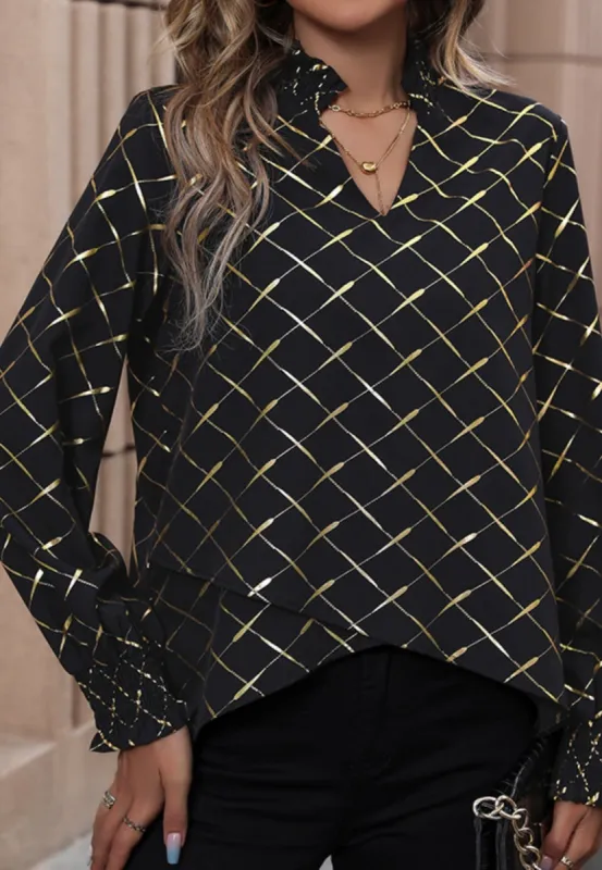 Grid Print Ruffle Neck Blouse sold by Anna-Kaci