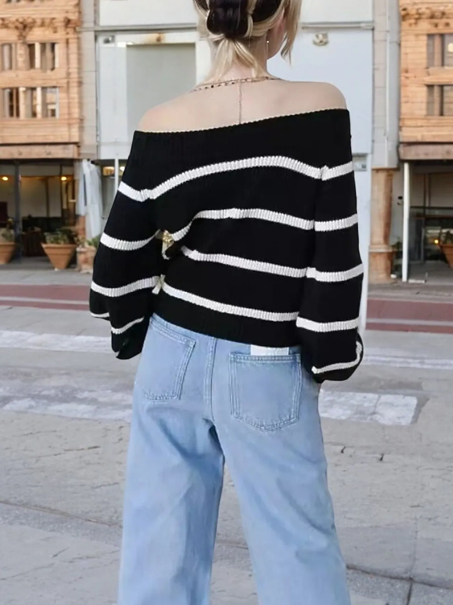 Anna-Kaci Women's Off-Shoulder Striped Knit Sweater with Long Sleeves sold by Anna-Kaci product image thumbnail 2