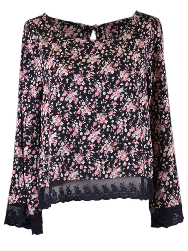 En Creme Sophia Floral Print Bell Sleeves Mesh Lace Hem Woven Scoop Neck Blouse made by Anna-Kaci