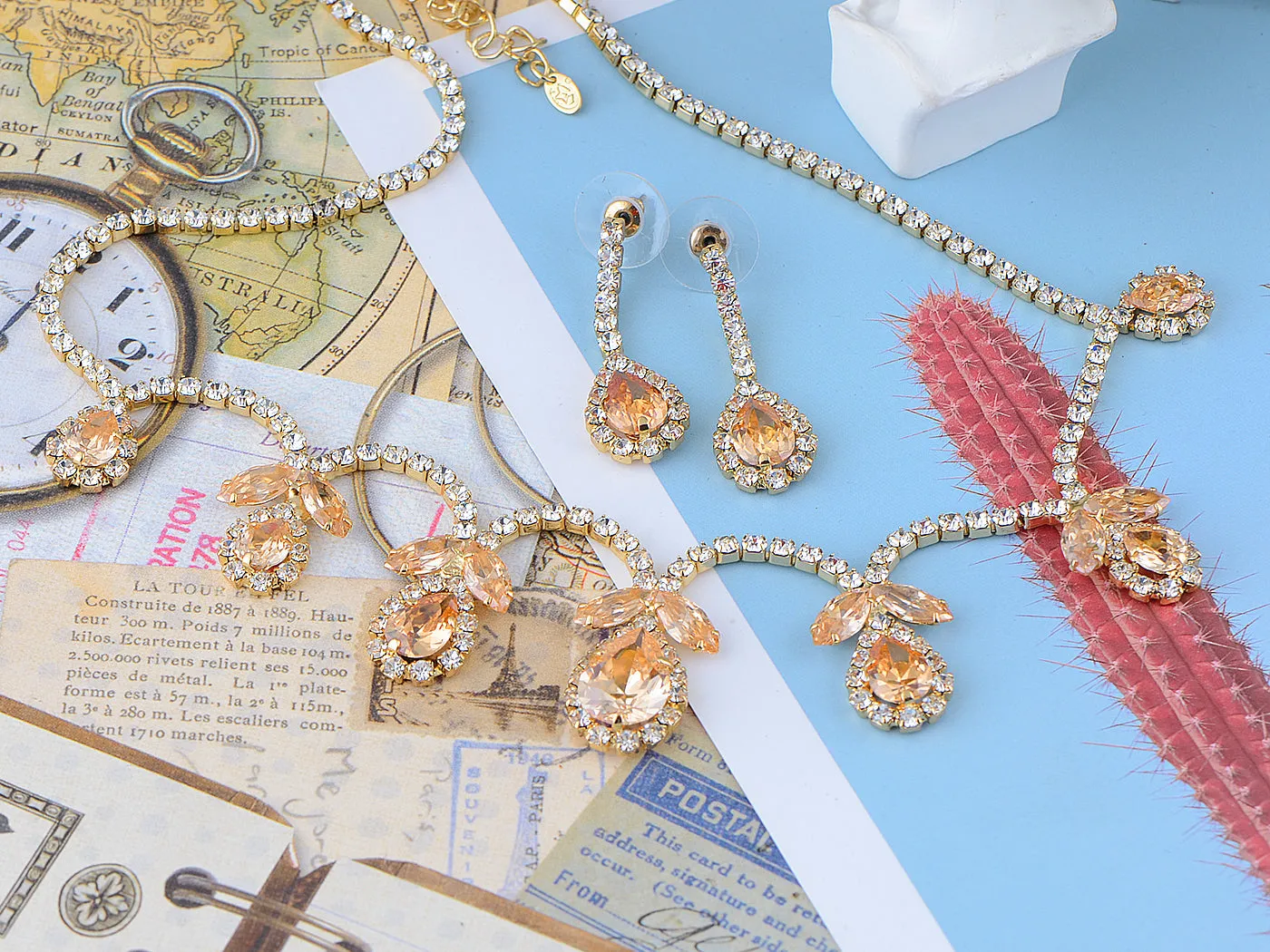 Swarovski Crystal June Topaz Loop Flower Dangle Earring Necklace Set sold by Anna-Kaci product image thumbnail 3